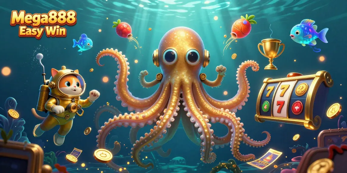 Mega888 Easy Win illustration showing a kraken, diving cat, and vibrant slot reels in an underwater scene.
