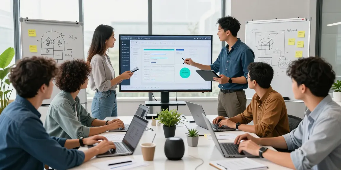 Team brainstorming session on how to build internal tools with AI in a modern office.