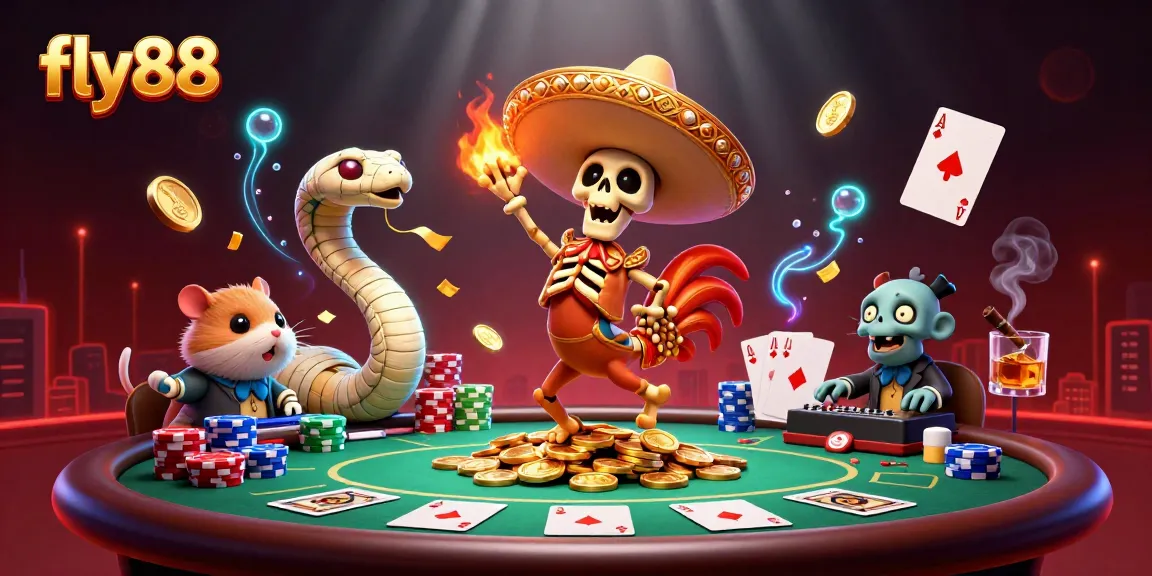 Experience winning moments at fly88 with a vibrant casino scene featuring dynamic characters and poker elements.