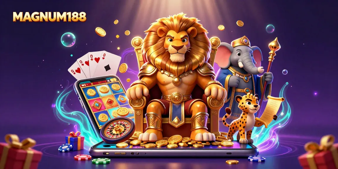 Engage with MAGNUM188's vibrant online casino scene featuring a regal lion king, wise elephant, and swift cheetah amidst colorful game elements.