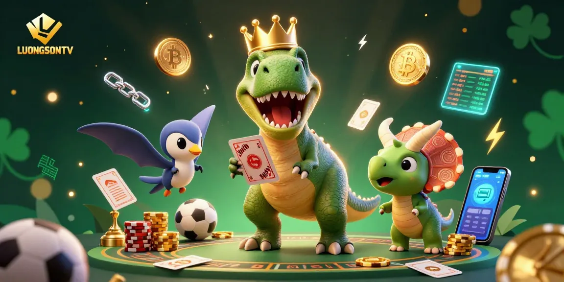 Experience thrilling sports betting action with LUONGSONTV's vibrant casino illustration featuring dinosaurs and crypto elements.