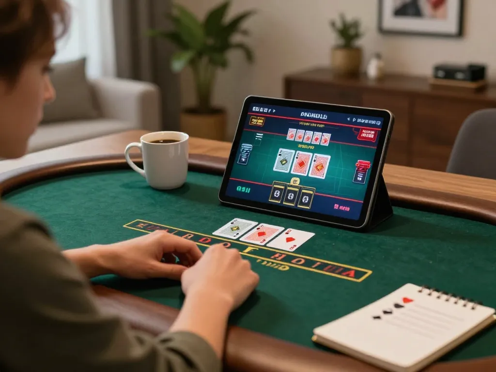 Engaged player reviewing poker strategies on tablet while playing LC88 online.