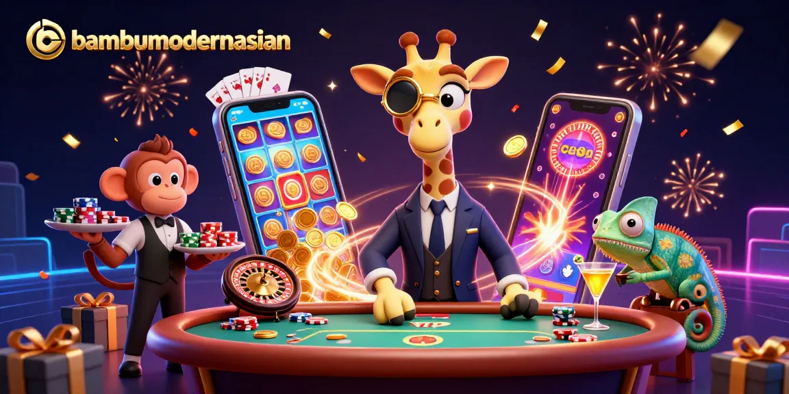 Bambumodernasian showcases a high-roller giraffe and monkey valet in a vibrant casino scene.