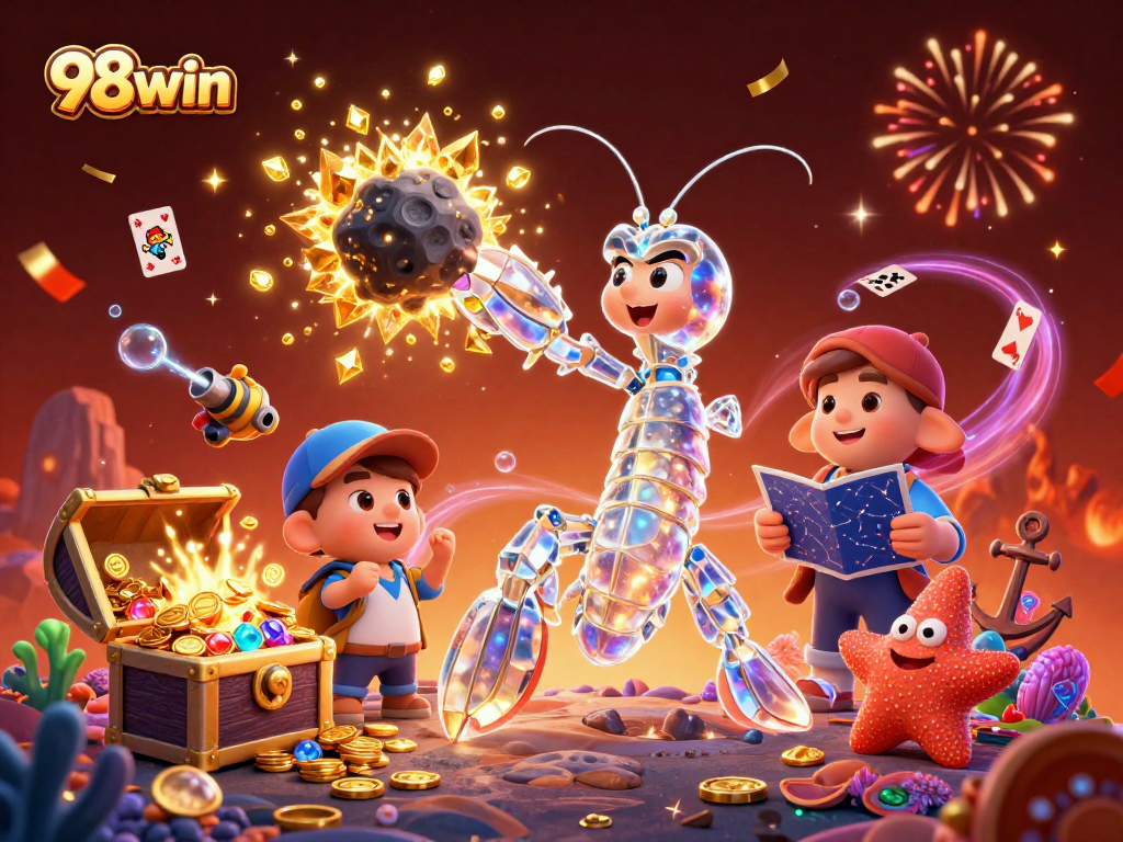 98win players celebrating with vibrant 3D casino elements amid colorful gems and coins.