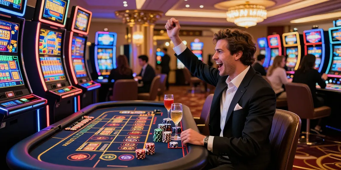 LUXURY777 Situs Resmi Terbaru - Pemain merayakan kemenangan di meja permainan kasino mewah yang dikelilingi mesin slot berwarna.