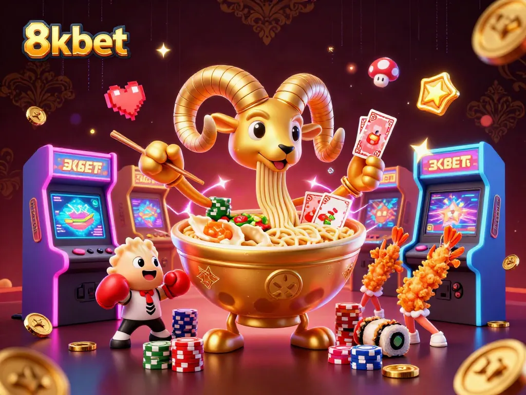 Engage in thrilling gameplay at 8xbet with a vibrant casino scene featuring animated food characters.
