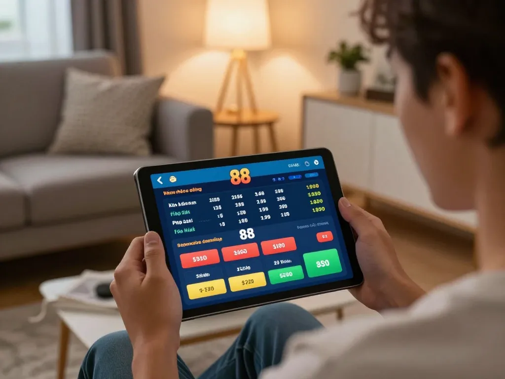 Enjoying kèo nhà cái 88 sports betting on a tablet in a cozy home setting.