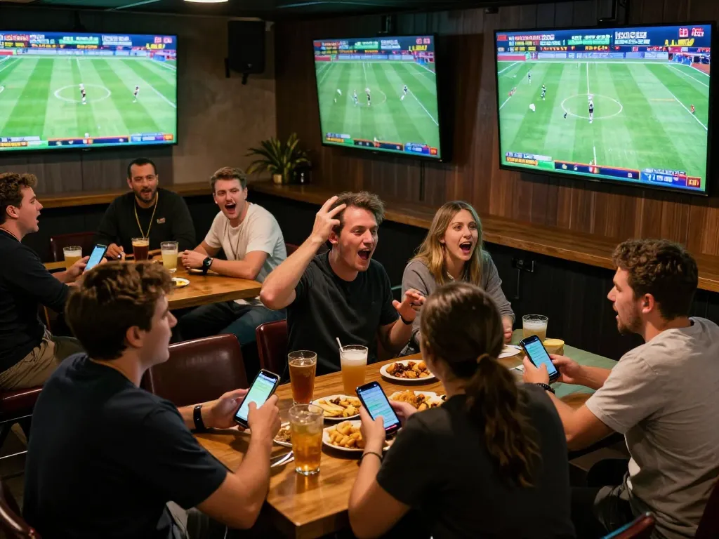 Engaged sports bettors checking kèo nhà cái on smartphones while watching live football action.