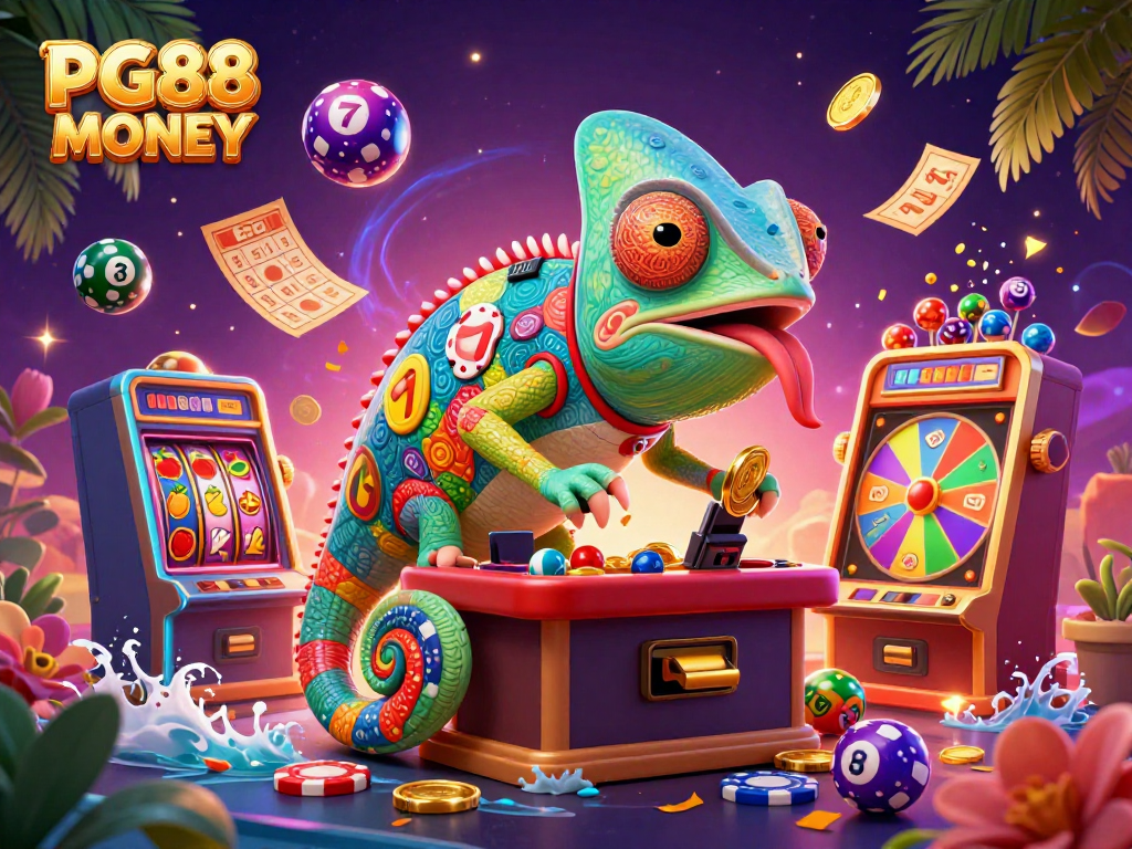PG88 MONEY's vibrant scene showcases jackpot excitement with a chameleon casino owner and dynamic slot elements.