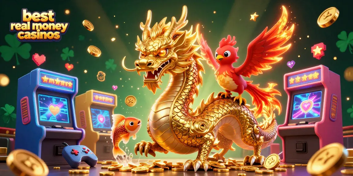 Experience the thrill of the best real money casinos with a dynamic 3D dragon scene filled with gold coins.