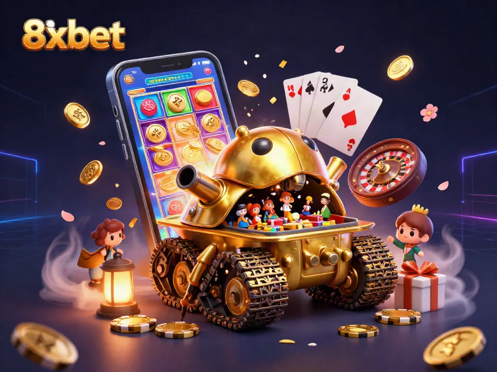 Experience the excitement of 8xbet with this vibrant casino-themed 3D illustration featuring a golden beetle tank and exciting games.