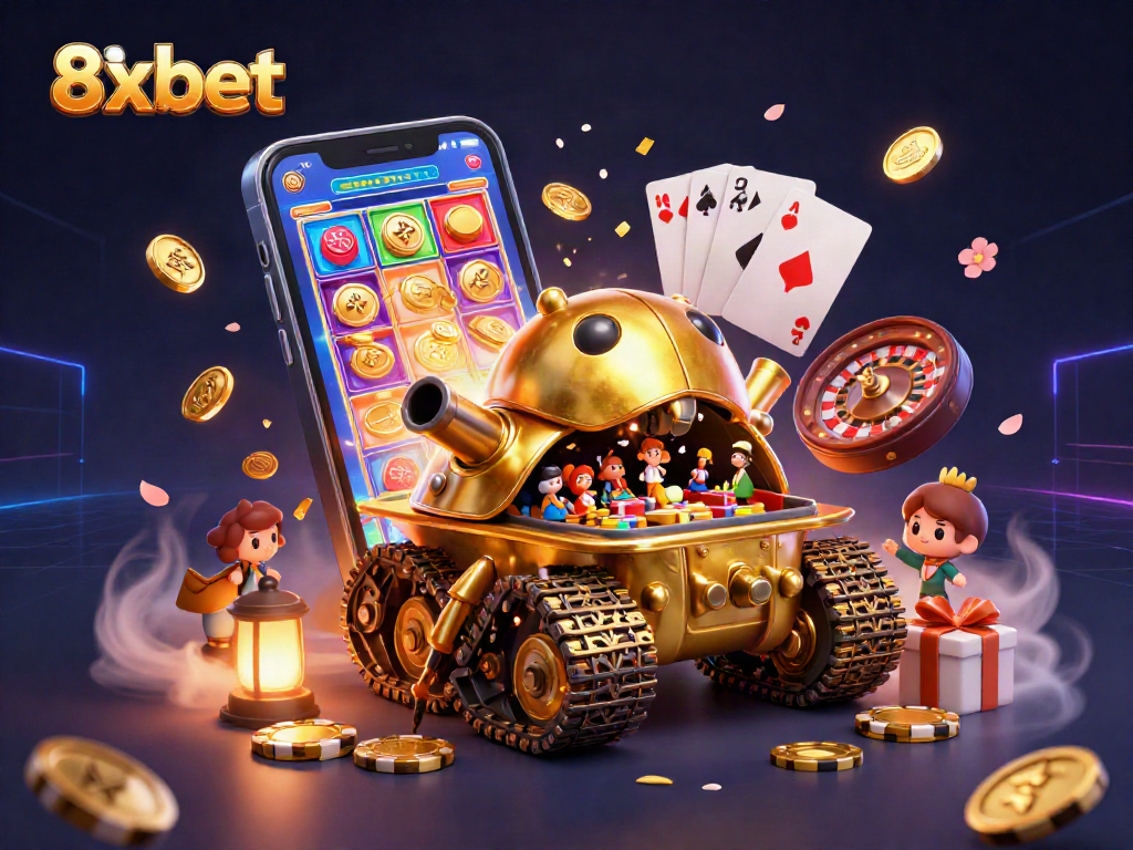 Experience the excitement of 8xbet with this vibrant casino-themed 3D illustration featuring a golden beetle tank and exciting games.