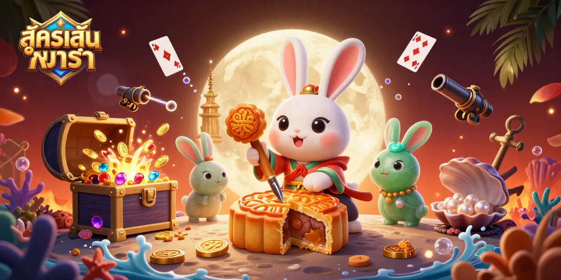 สูตรเล่นบาคาร่า strategies illustrated through dynamic moon rabbit characters and casino treasures.
