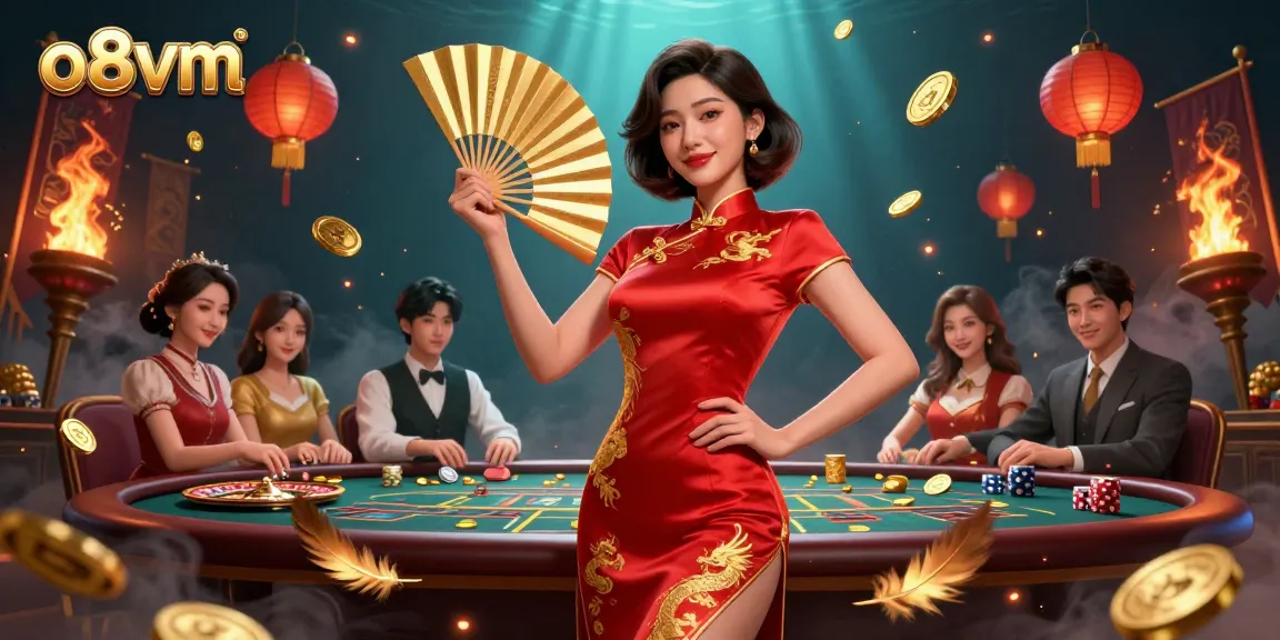 Experience exciting online gaming action at o8vm, highlighted by a confident Asian woman in a red dress surrounded by casino elements.