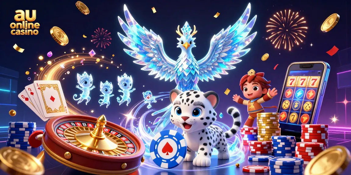 Experience the vibrant world of au online casino with a dazzling 3D phoenix and playful characters.