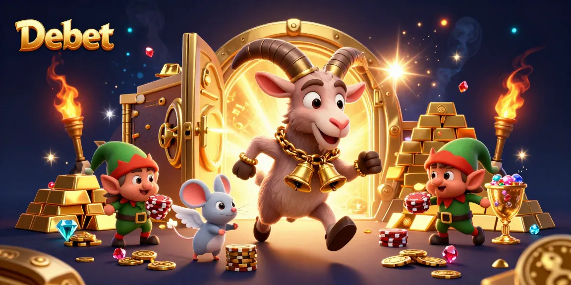 Debet's festive casino scene features a Krampus goat, tiny angel mouse, and gremlins stealing chips.