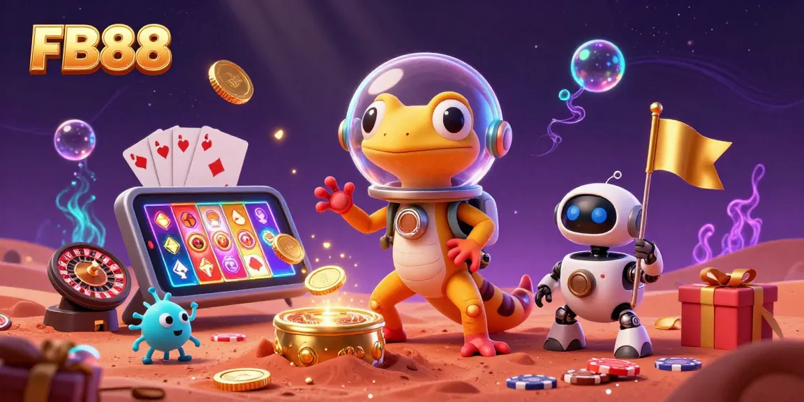 Experience the excitement of FB88 with a playful Martian gecko discovering a golden casino filled with games and treasures.
