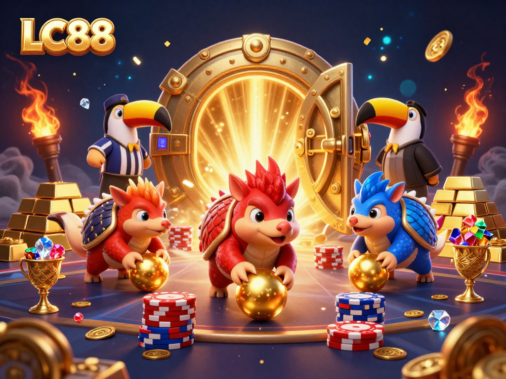 LC88 features dynamic pangolins bowling through poker chips in a vibrant casino scene.
