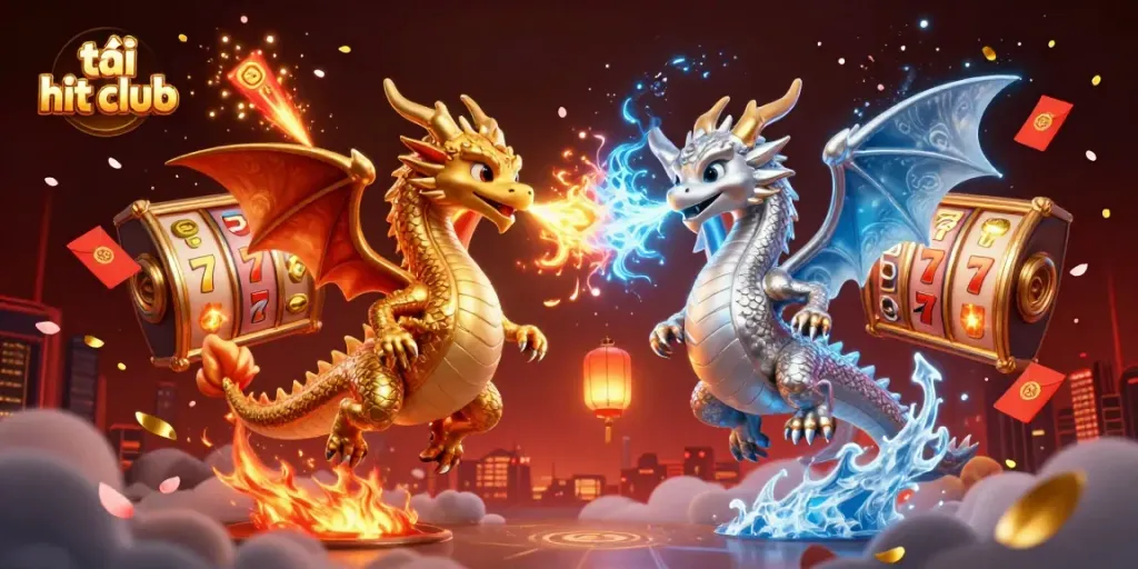 Engage with the vibrant world of tải hit club in this thrilling 3D casino scene featuring dragons and slot elements.