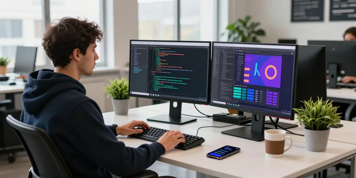 快连 software developer at a modern workspace with dual monitors showcasing coding and tech tools.