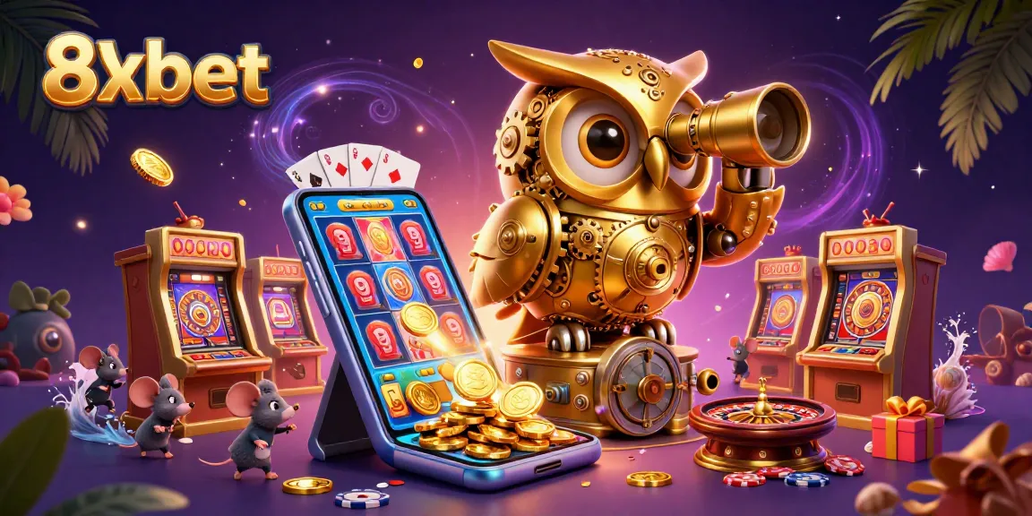 Experience the vibrant excitement of 8xbet where a golden owl surveys a bustling casino floor.