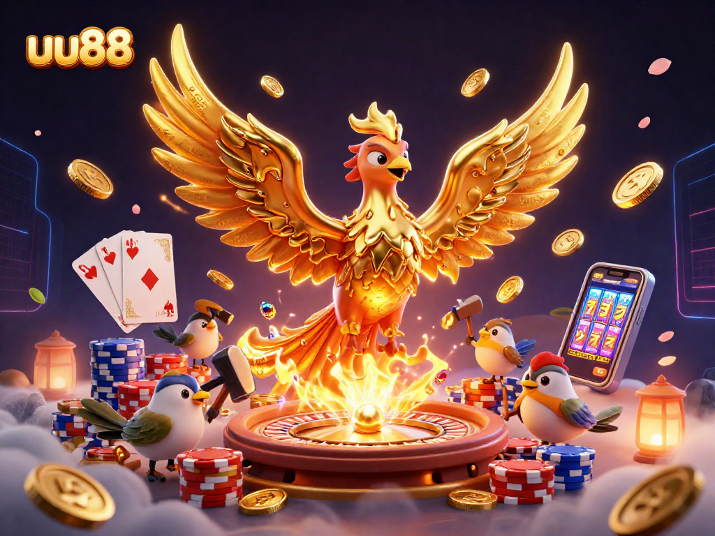 Spin the 3D golden phoenix animation at uu88 for jackpot excitement and rich casino action!