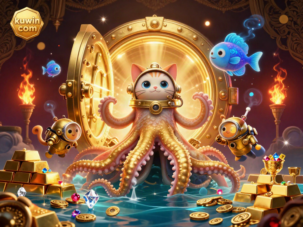 Experience thrilling jackpots at kuwin com with a whimsical kraken and diving cat amidst treasure.