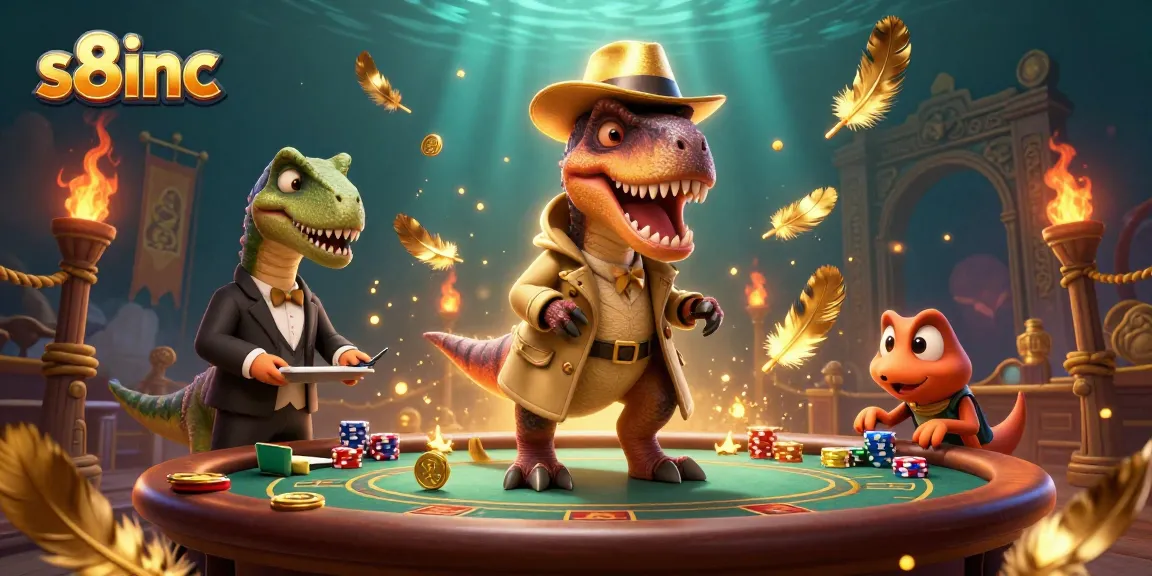 S8inc offers an exciting betting experience, featuring a velociraptor card counter at a blackjack table with engaging action elements.