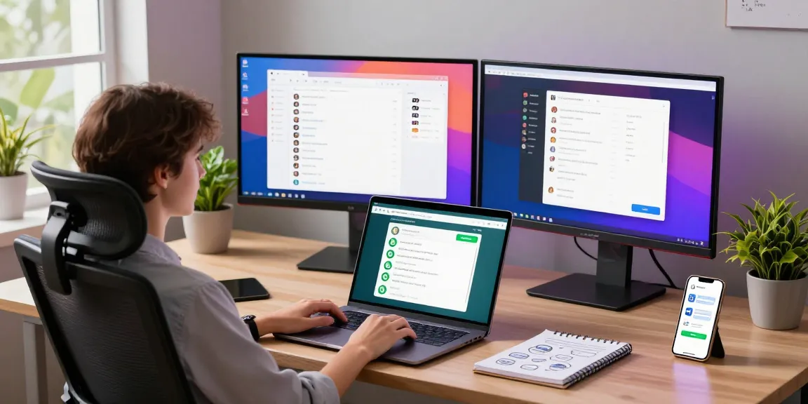 User accessing WhatsApp網頁版 on a laptop in a modern workspace, highlighting communication technology.