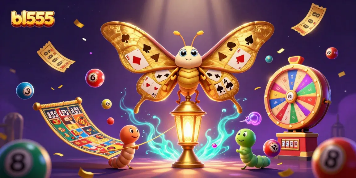 Experience the thrill of bl555 with dynamic lottery balls and an enchanting casino moth illustration.